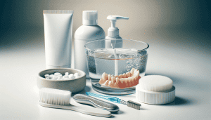An assortment of denture cleaning tools and products